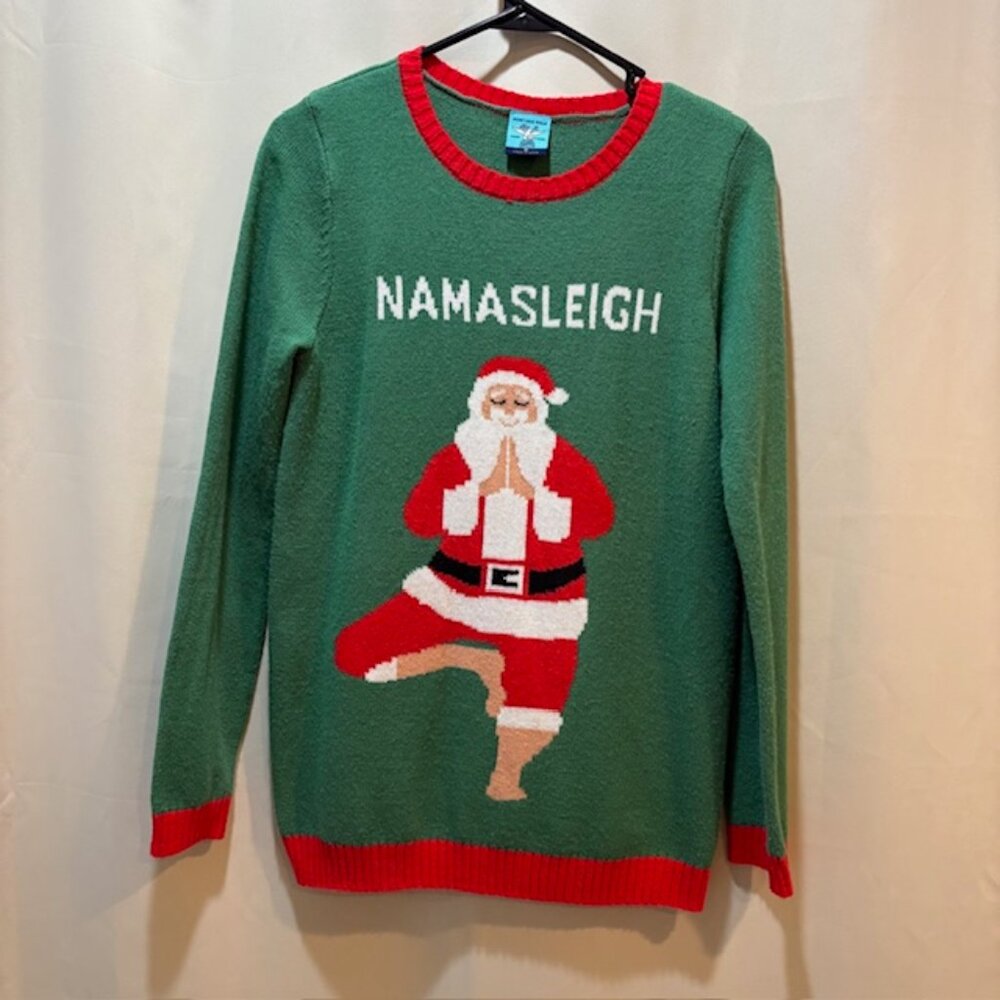 Norther Pole "Namasleigh" Santa Yoga Green and Red Ugly Christmas Sweater, M